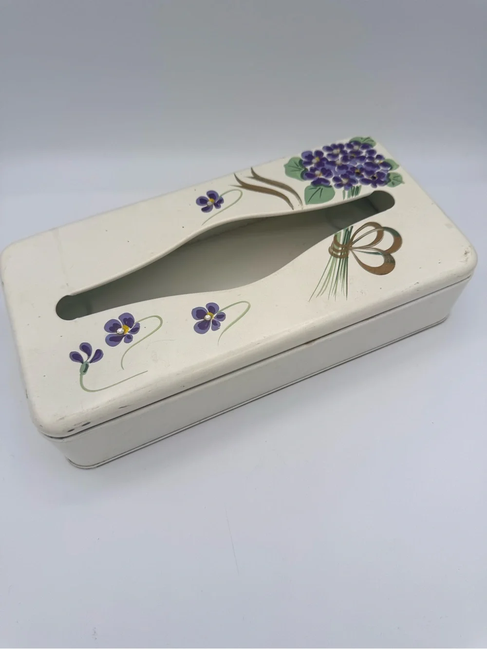 Vtg Mid Century Metal Tissue Box Holder Hand Painted Purple Floral Cottagecore